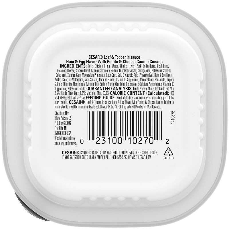 slide 10 of 12, Cesar Loaf and Topper in Sauce Cheese, Potato, Egg, Pork and Gravy Flavor Small Breed Wet Dog Food - 3.5oz, 3.5 oz