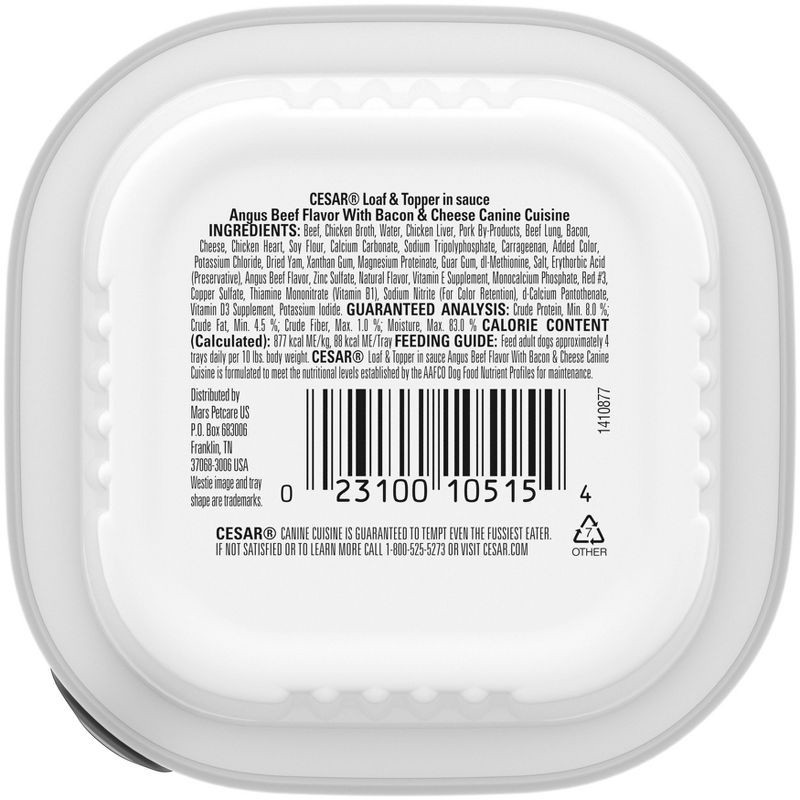 slide 10 of 12, Cesar Beef, Cheese, Bacon, Gravy and Red Meat Flavor Loaf and Topper in Sauce Small Breed Wet Dog Food - 3.5oz, 3.5 oz