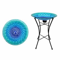 HD Designs Outdoors Floral Birdbath with Solar Stand - Blue, 15 in