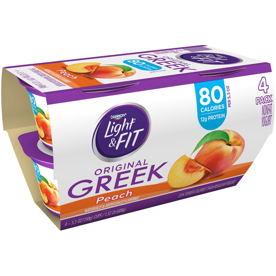 slide 1 of 3, Light + Fit Dannon Light + Fit Peach Greek Nonfat Yogurt, Creamy and Delicious Gluten Free Yogurt, 4 Ct, 5.3 OZ Yogurt Cups, 5.3 oz