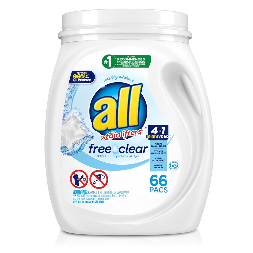 slide 1 of 1, All With Stainlifters Free Clear Mighty Pacs Laundry Detergent, 66 ct