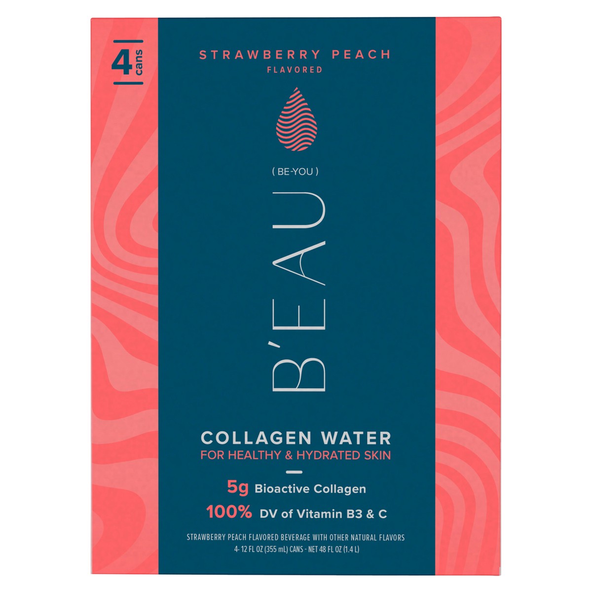 slide 1 of 4, B'eau B''EAU Collagen Water, Strawberry Peach Flavored Water, 12 Fl Oz, 4 ct