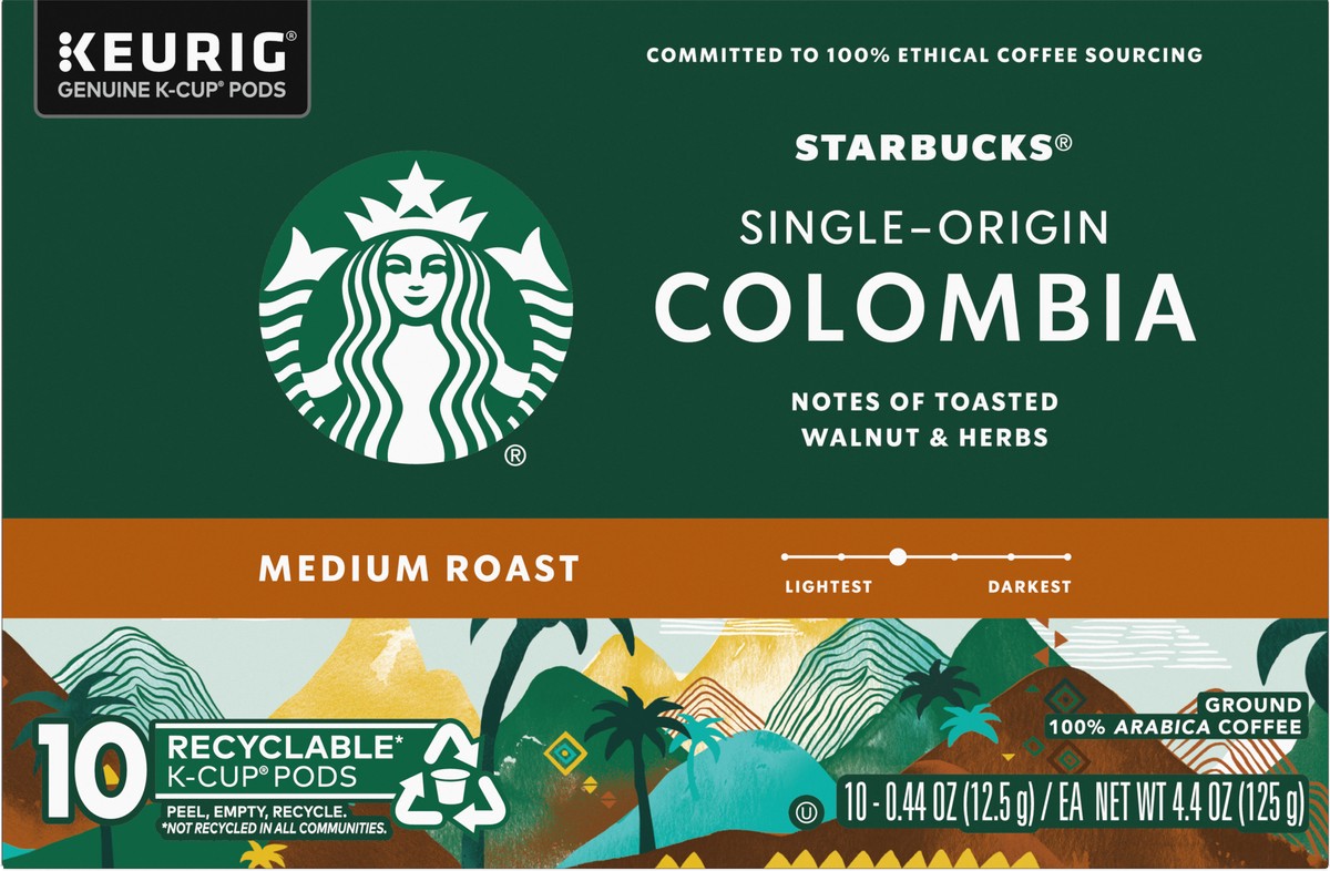 slide 1 of 12, Starbucks K-Cup Pods Medium Roast Ground Colombia Coffee ea - 10 ct, 10 ct