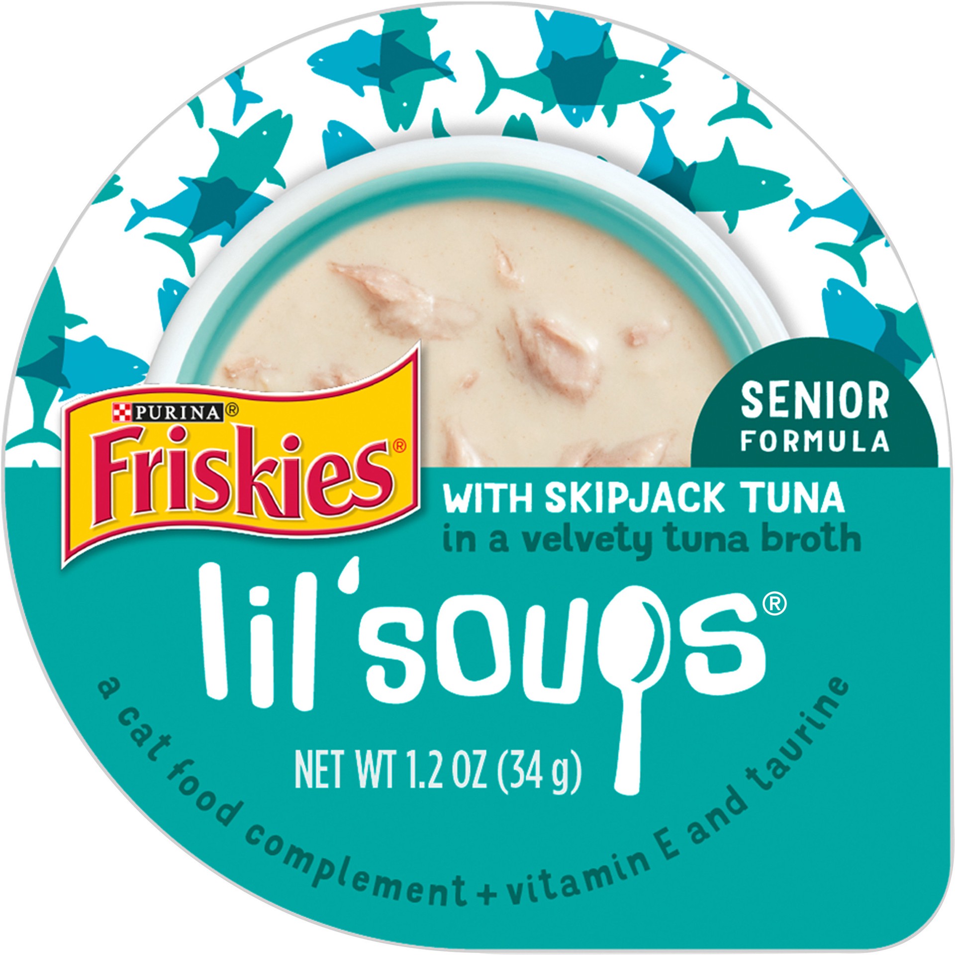 slide 1 of 14, Friskies Purina Friskies Natural, Grain Free Senior Broth Wet Cat Food Lickable Cat Treats, Lil' Soups Skipjack Tuna, 1.2 oz