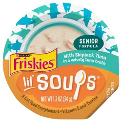 Friskies Lickable grain free cat treats made with real tuna and intended as a complement to your senior cat''s complete and balanced diet
