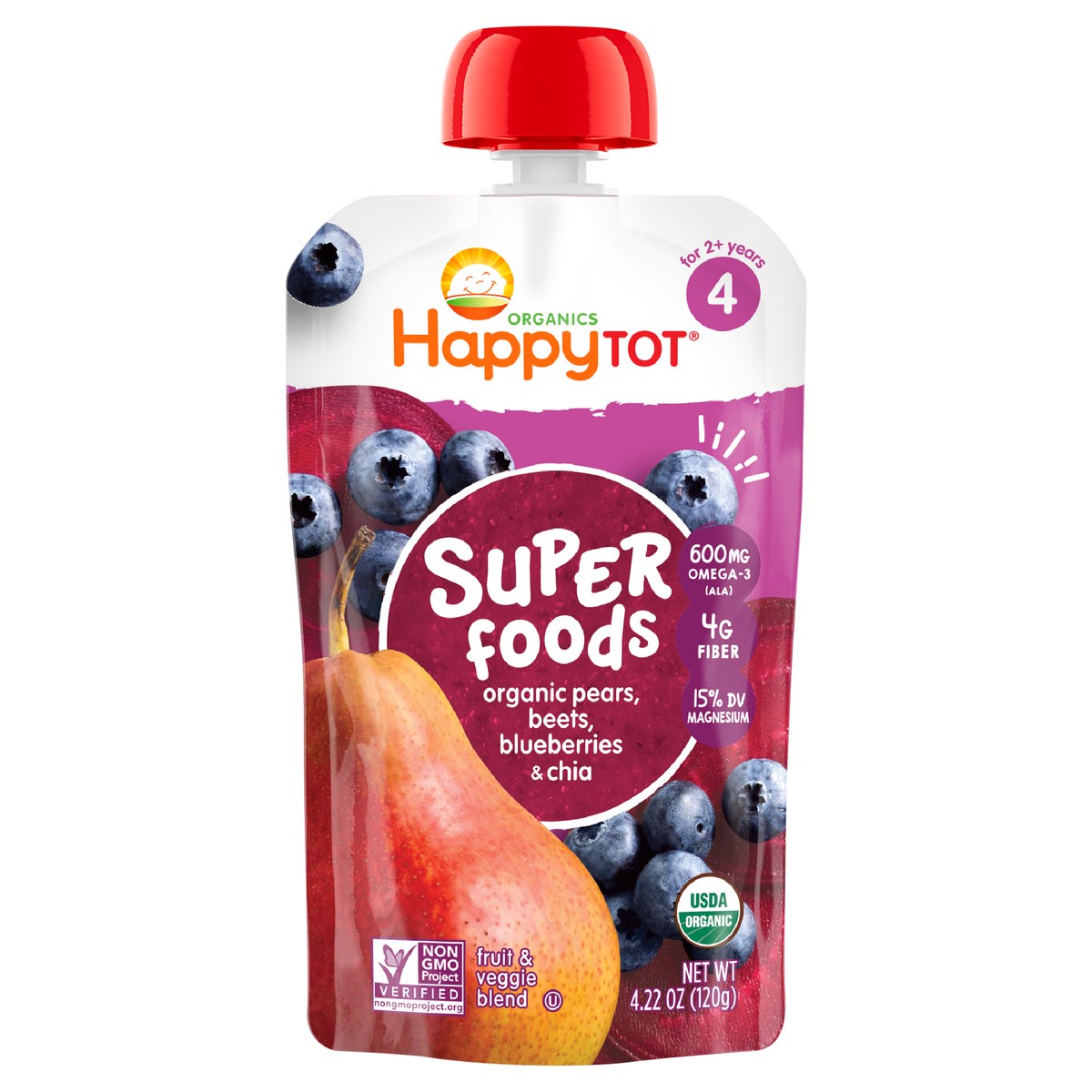 slide 1 of 6, Happy Tot Happy Family Super Foods Organic Pears Beets & Blueberries with Super Chia Baby Food Pouch - 4.22oz, 4.22 oz
