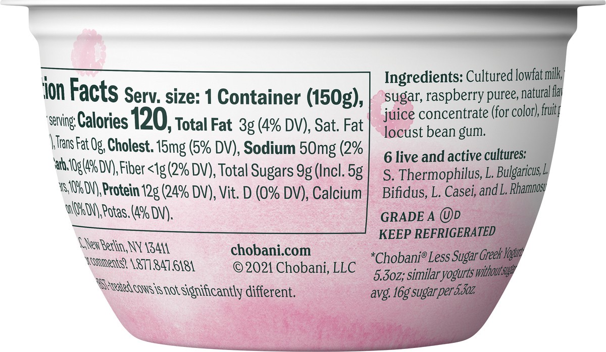 slide 3 of 6, Chobani Raspberry Less Sugar Greek Yogurt, 5.3 oz