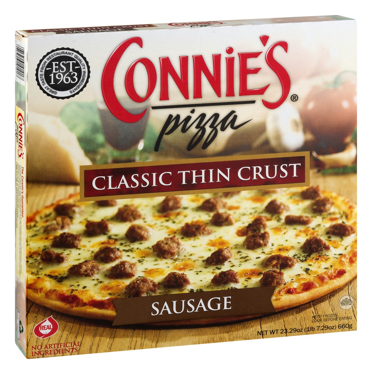 slide 8 of 11, Connie's Classic Thin Crust Sausage Pizza 23.29 oz, 23.29 oz