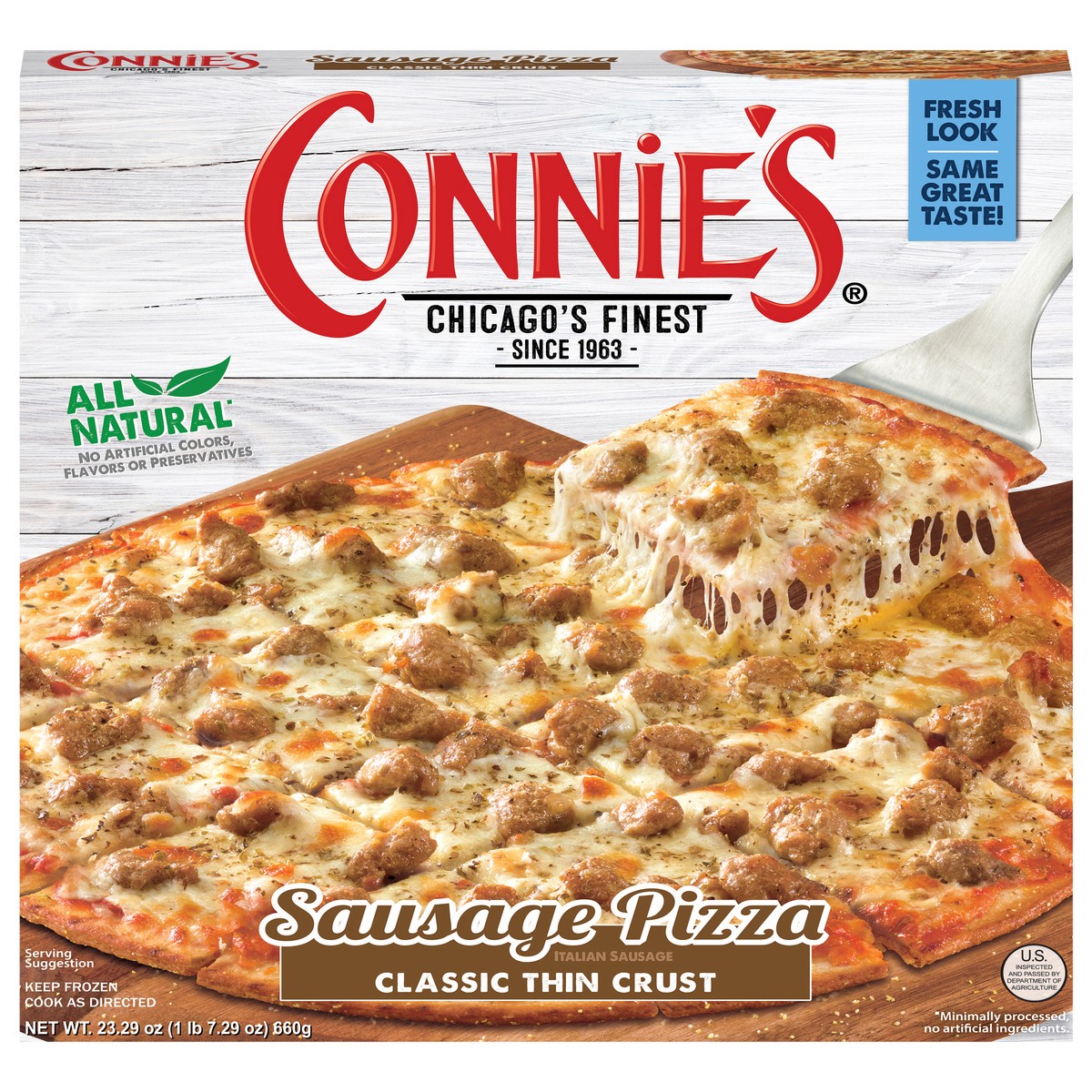 slide 1 of 11, Connie's Classic Thin Crust Sausage Pizza 23.29 oz, 23.29 oz