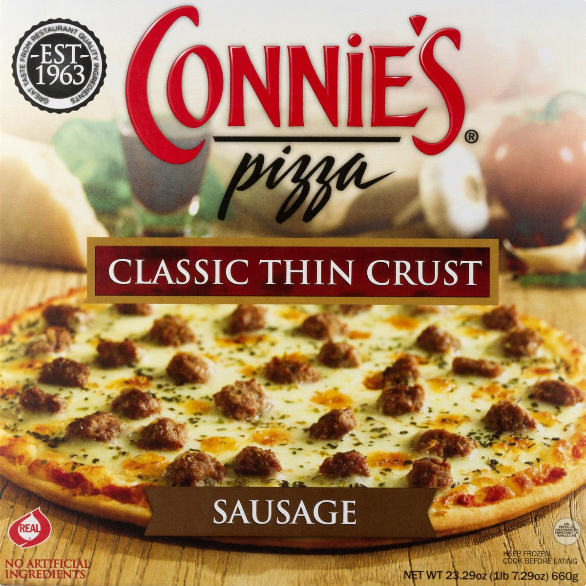 slide 5 of 11, Connie's Classic Thin Crust Sausage Pizza 23.29 oz, 23.29 oz