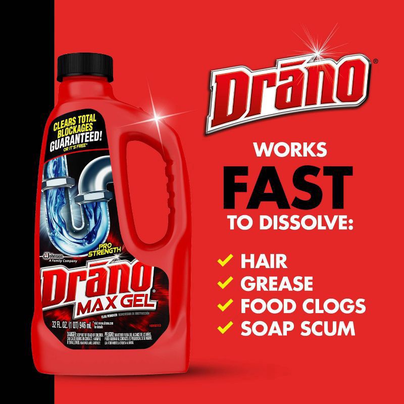 slide 9 of 14, Drano Max Gel Clog Remover, Effective Drain Cleaner for Bathroom & Kitchen Sinks, 32 fl oz, 32 fl oz