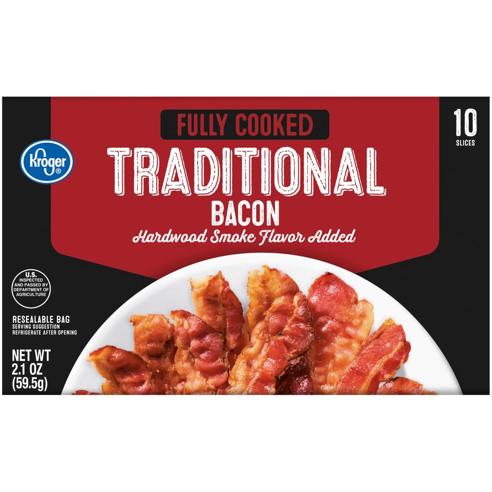 slide 1 of 3, Kroger Fully Cooked Traditional Bacon, 2.1 oz