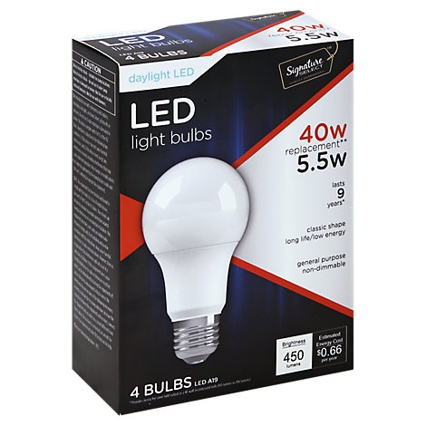 slide 1 of 1, Signature Select Light Bulb Led Daylight 5.5W A19 450 Lumens, 4 ct