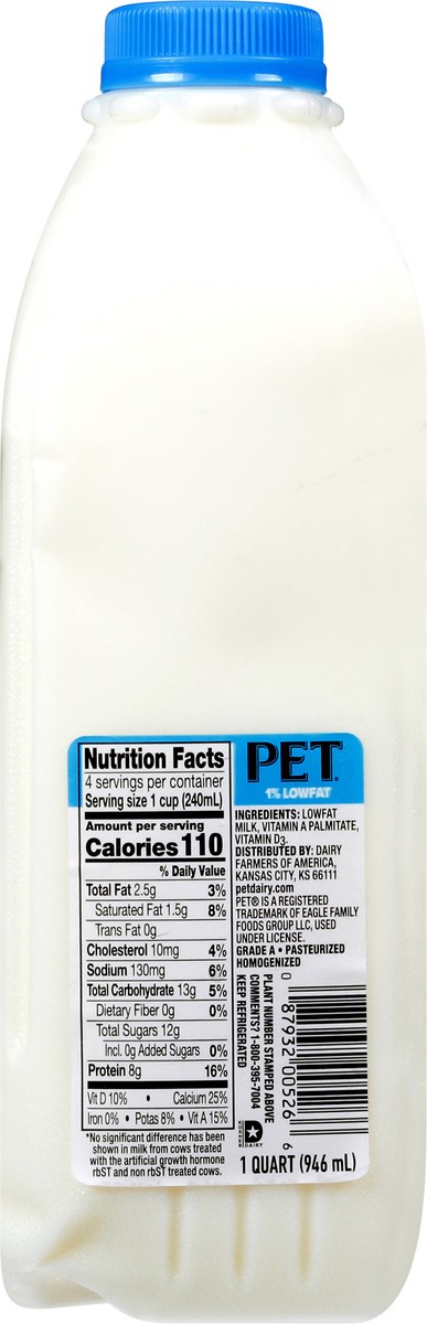 slide 12 of 13, PET Dairy Dairy 1% Low Fat Milk with Vitamin A and D, Milk Quart - 1 Jug, 32 oz