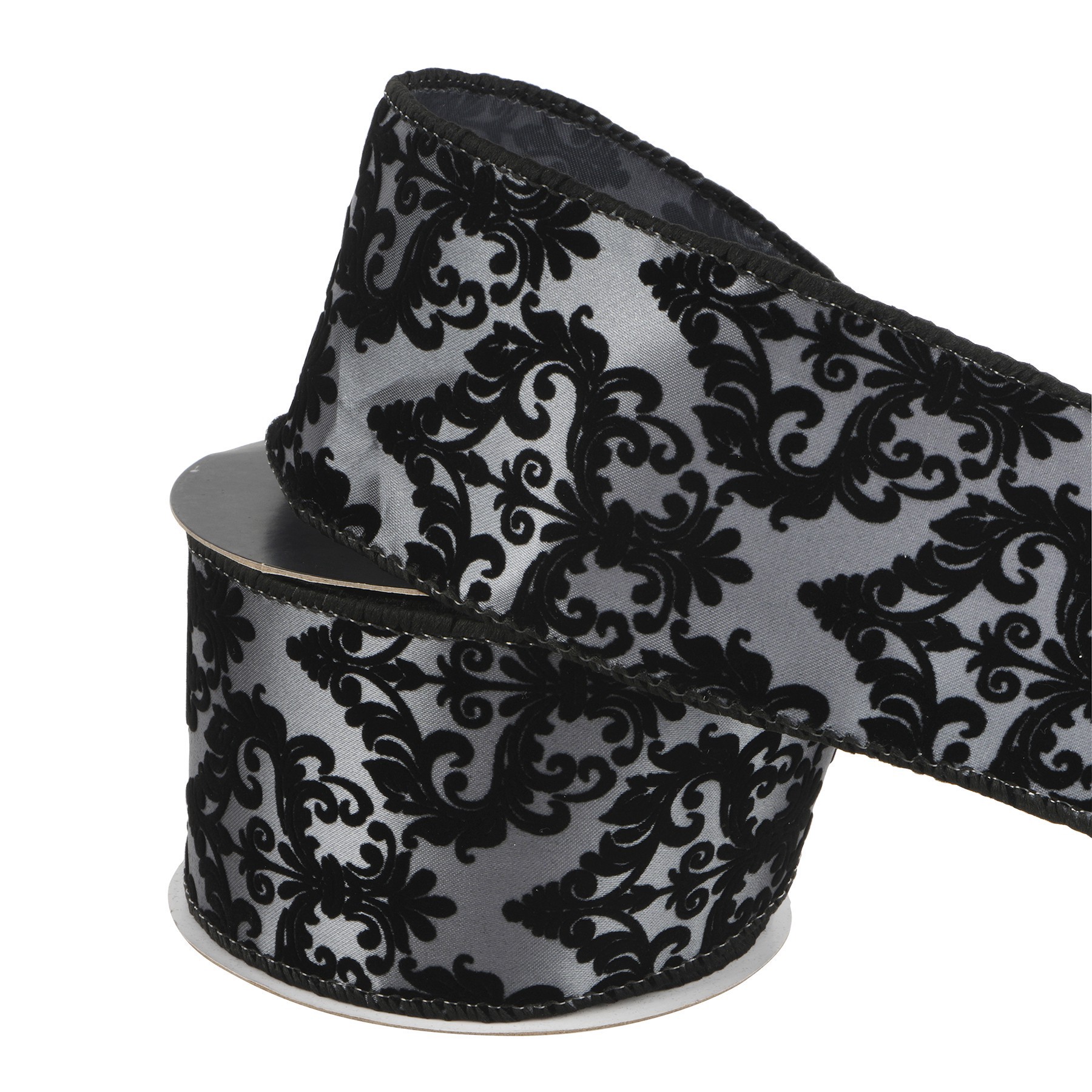slide 3 of 3, 2.5" X 20ft. Black Wired Floral Jacquard Ribbon By Celebrate It Halloween, 2.5 in x 20 ft