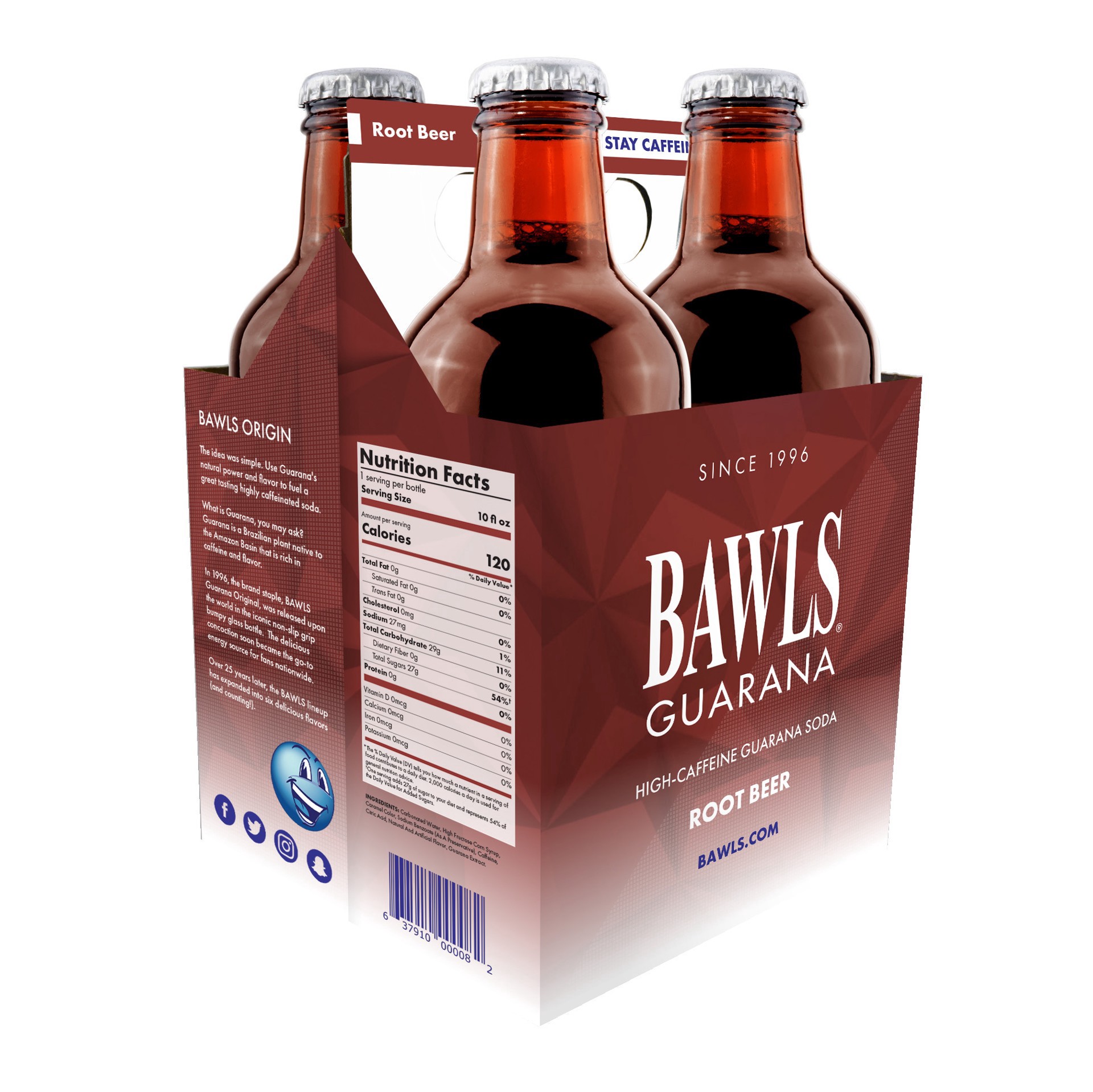 slide 1 of 1, Bawls Guarana Root Beer High Caffeine Soda, 4 ct