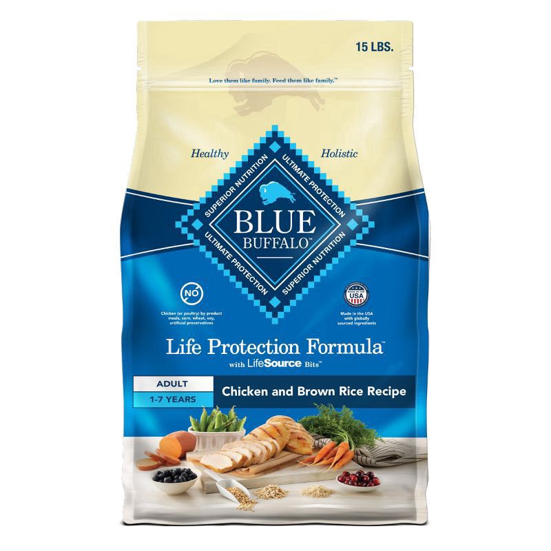 slide 1 of 8, Blue Buffalo Adult Chicken Brown Rice Dry Dog Food, 15 lb