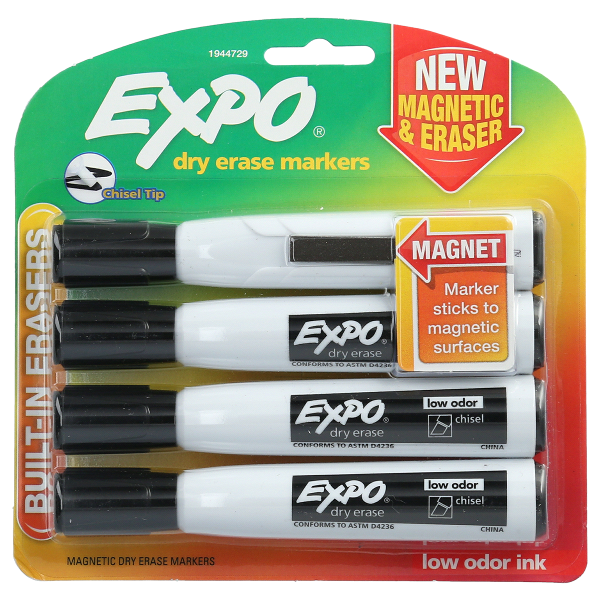 slide 1 of 1, EXPO Magnetic Dry Erase Markers with Eraser, Chisel Tip, Black, 4 ct