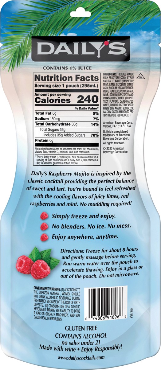 slide 4 of 8, Daily's Raspberry Mojito Ready to Drink Frozen Pouch 10 fl oz, 10 fl oz
