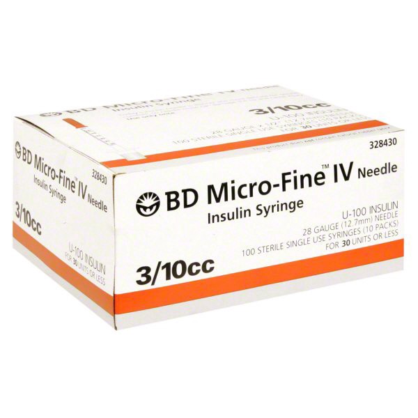 slide 1 of 1, BD Micro-Fine IV 3/10cc 1/2" (12.7mm) Long Needle 28 Gauge Insulin Syringes, 100 ct