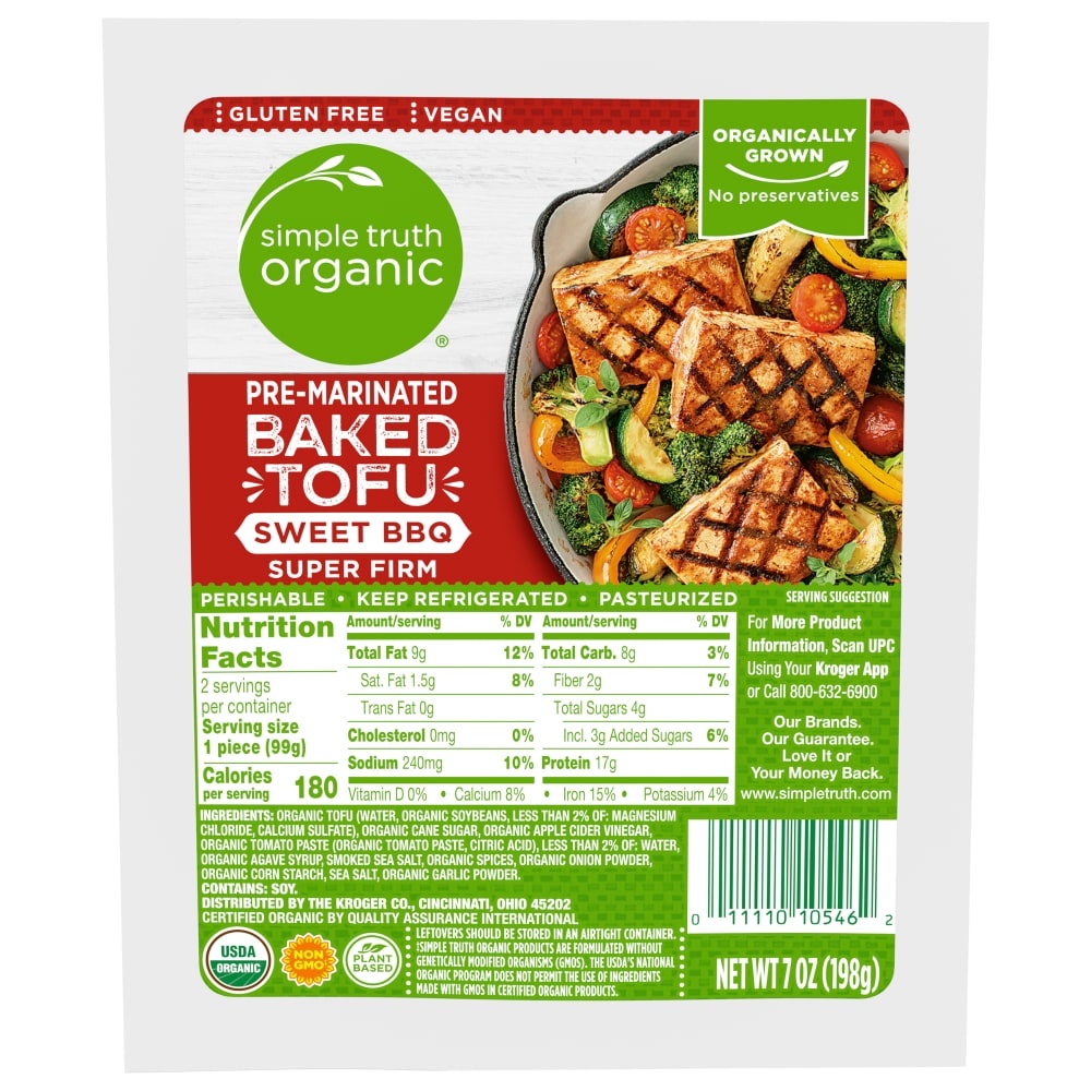 slide 1 of 1, Simple Truth Organic Sweet Bbq Pre-Marinated Super Firm Baked Tofu, 7 oz