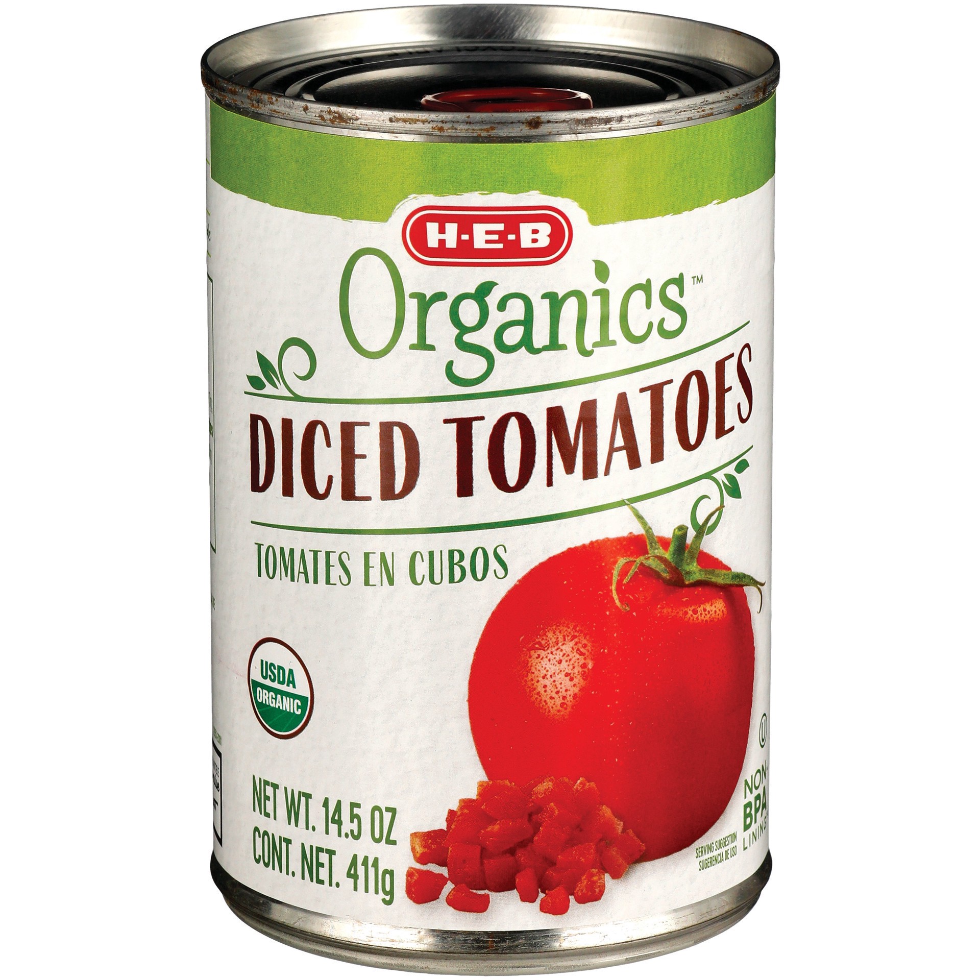 slide 1 of 1, H-E-B Organics Diced Tomatoes, 14.5 oz