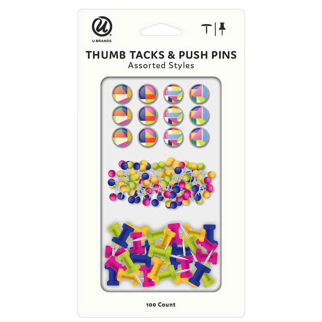 slide 1 of 1, U Brands UBRANDS Push Pins-Stripes & Brights, 100 ct