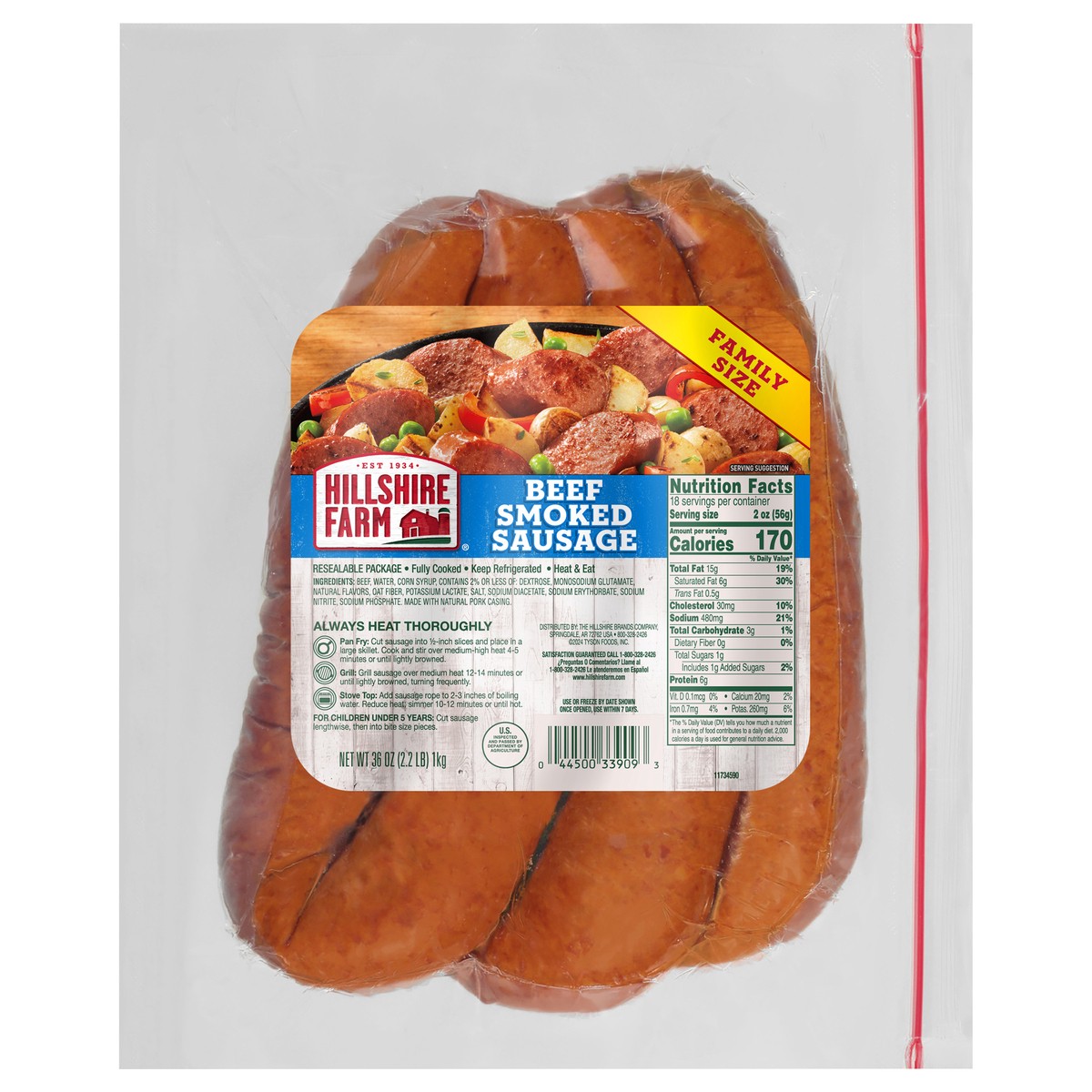 slide 1 of 2, Hillshire Farm Beef Smoked Sausage, 36 oz. Family Pack, 36 oz