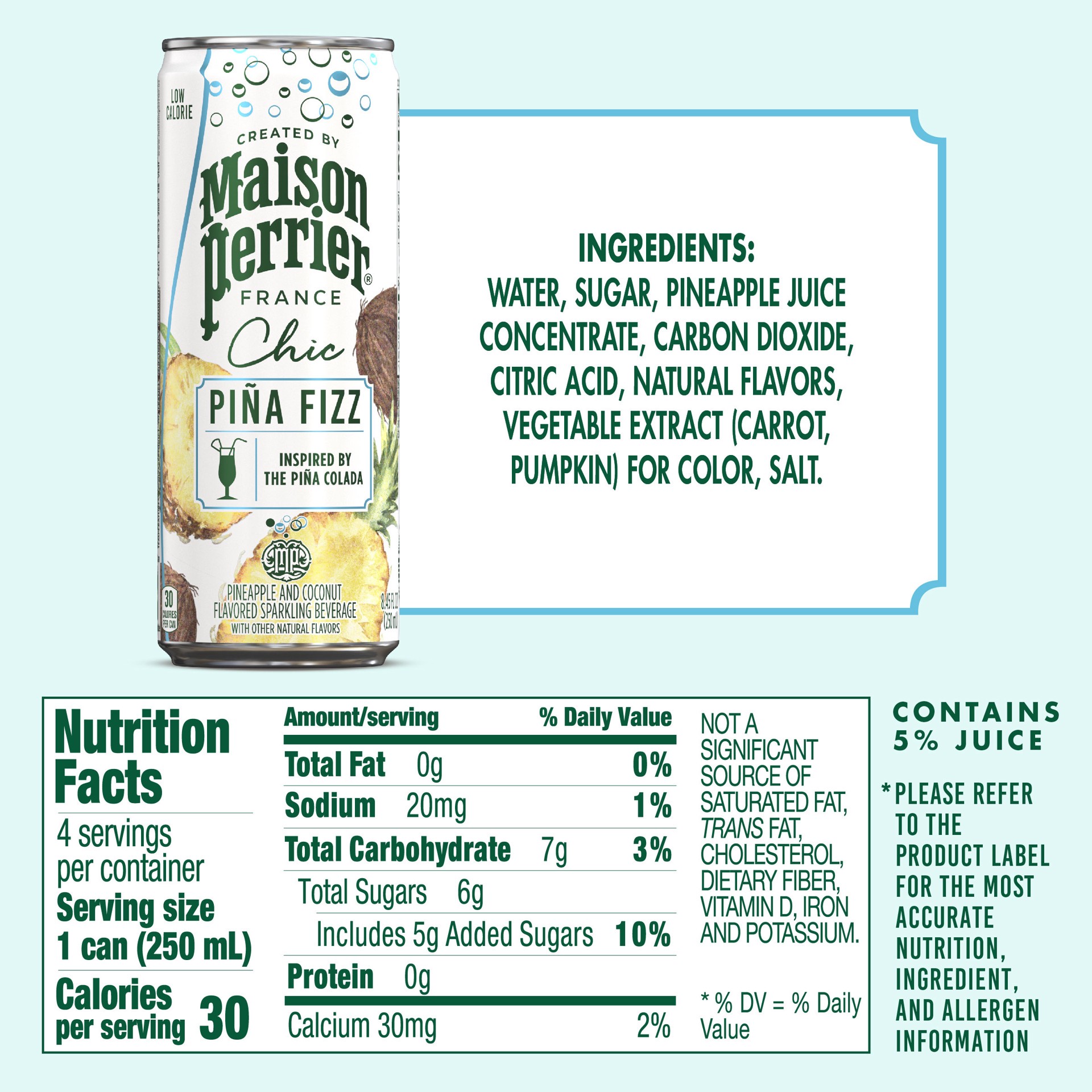 slide 4 of 7, Maison Perrier Chic Pina Fizz, Pineapple and Coconut Flavored Sparkling Beverage, Mocktail, 4PK, 4 ct; 8.5 fl oz