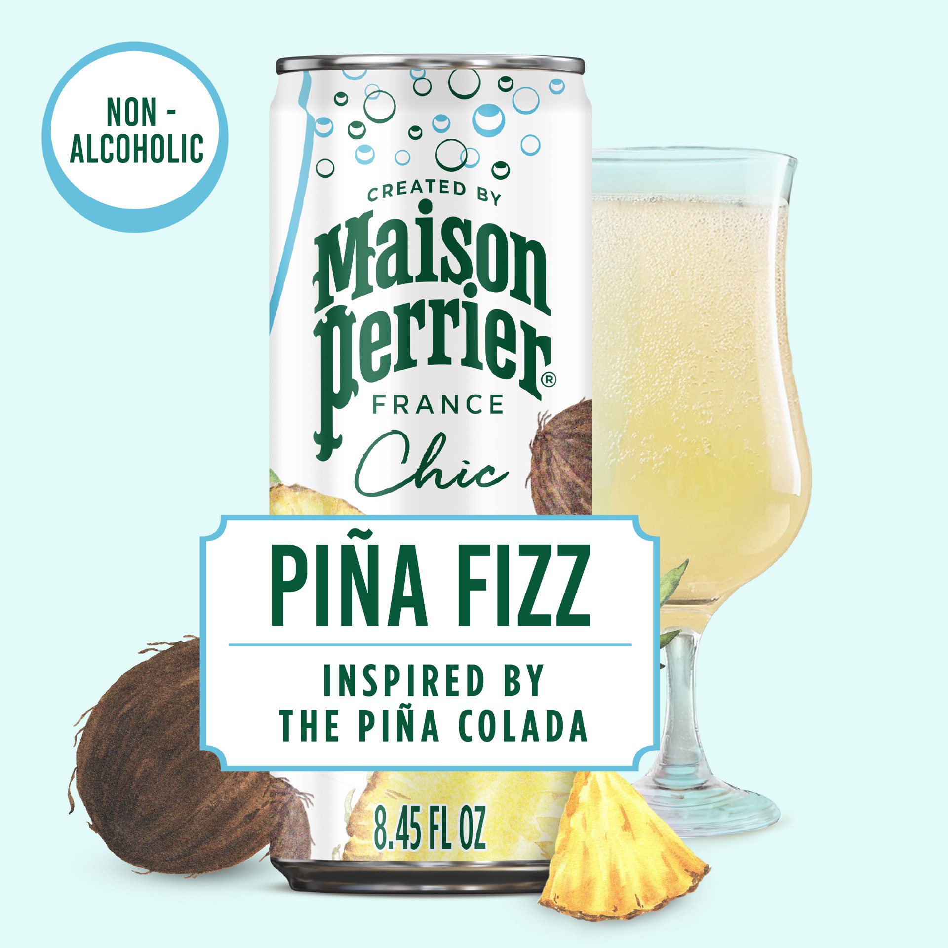 slide 2 of 7, Maison Perrier Chic Pina Fizz, Pineapple and Coconut Flavored Sparkling Beverage, Mocktail, 4PK, 4 ct; 8.5 fl oz