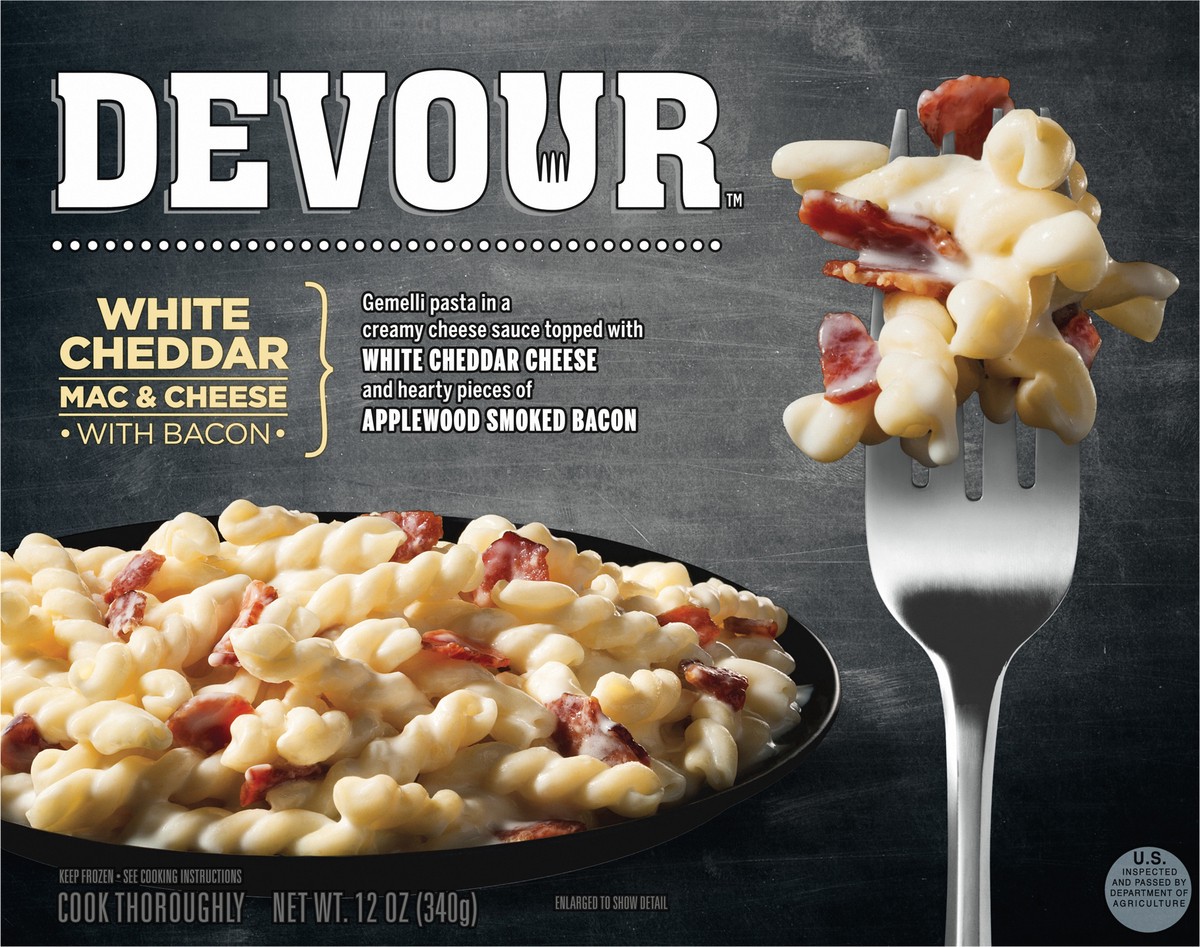 slide 3 of 9, DEVOUR White Cheddar Mac & Cheese with Bacon, 12 oz