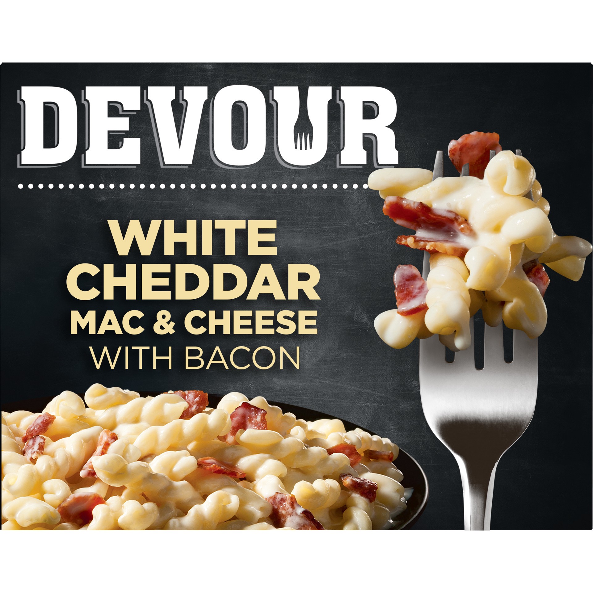 slide 1 of 9, DEVOUR White Cheddar Mac & Cheese with Smoked Bacon Frozen Meal, 12 oz Box, 12 oz