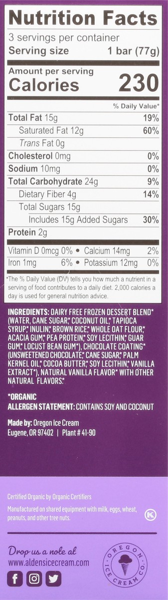 slide 10 of 14, Alden's Organic Dairy Free Dark Chocolate Vanilla Frozen Dessert 3 Bars 3 fl oz Packed, Unspecified 3 ea, 3 ct