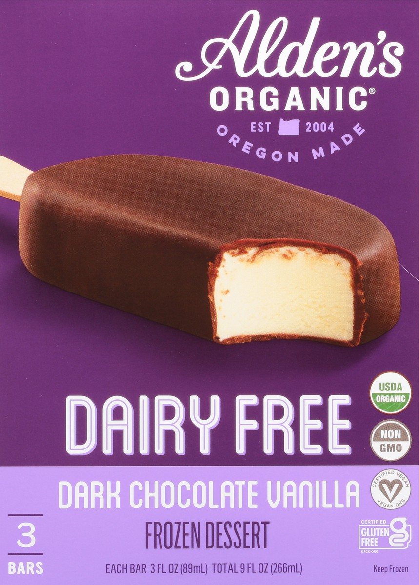 slide 11 of 14, Alden's Organic Dairy Free Dark Chocolate Vanilla Frozen Dessert 3 Bars 3 fl oz Packed, Unspecified 3 ea, 3 ct