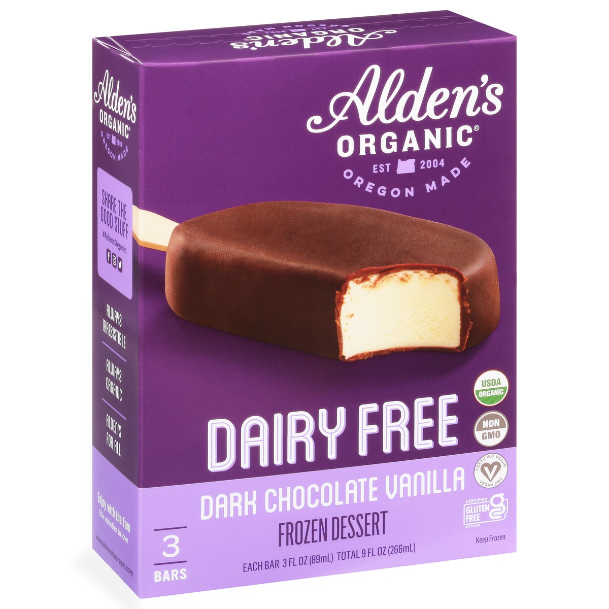 slide 7 of 14, Alden's Organic Dairy Free Dark Chocolate Vanilla Frozen Dessert 3 Bars 3 fl oz Packed, Unspecified 3 ea, 3 ct