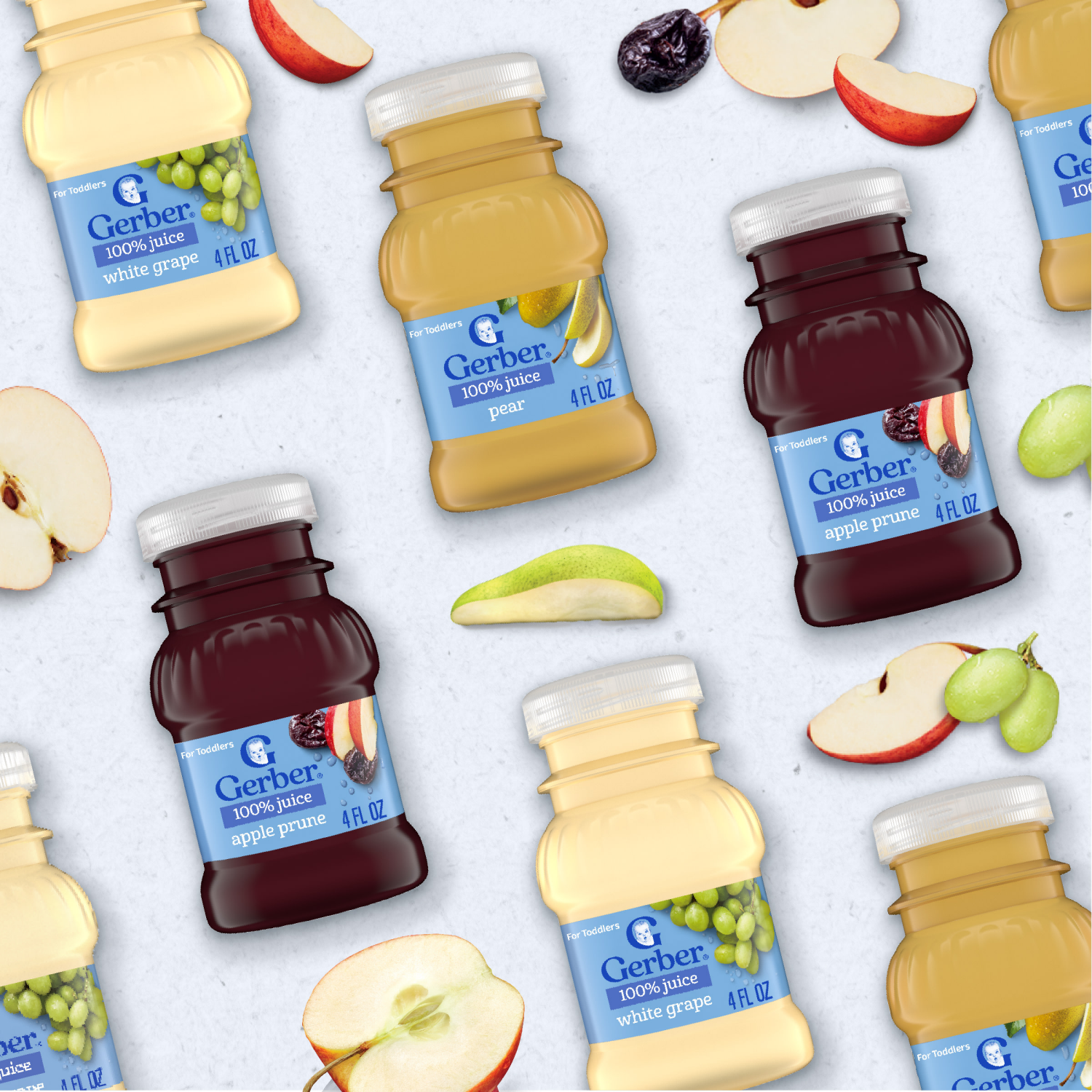 slide 2 of 8, Gerber Toddler (12+ Months) Apple/Pear/White Grape Juices from Concentrate Variety Pack 4 - 4 fl oz Bottles, 16 fl oz