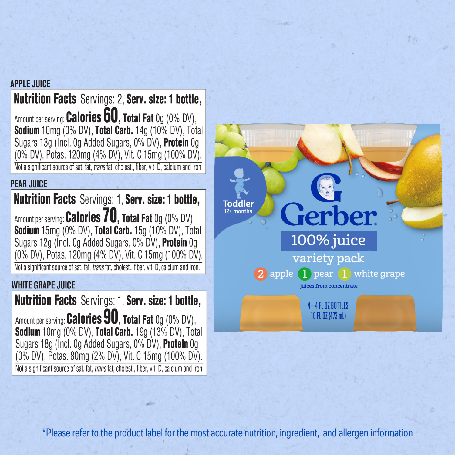 slide 5 of 8, Gerber Toddler (12+ Months) Apple/Pear/White Grape Juices from Concentrate Variety Pack 4 - 4 fl oz Bottles, 16 fl oz
