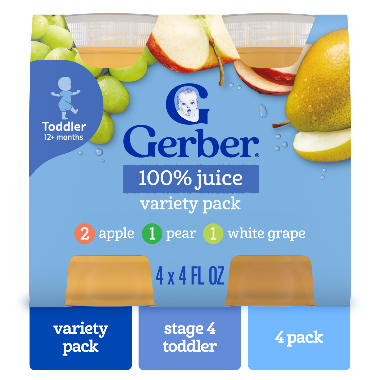slide 1 of 8, Gerber Toddler (12+ Months) Apple/Pear/White Grape Juices from Concentrate Variety Pack 4 - 4 fl oz Bottles, 16 fl oz