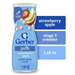 Gerber Snacks For Baby Crawler Grain & Grow Strawberry Apple Puffs Stage 2, 1.48 oz Snacks Canister