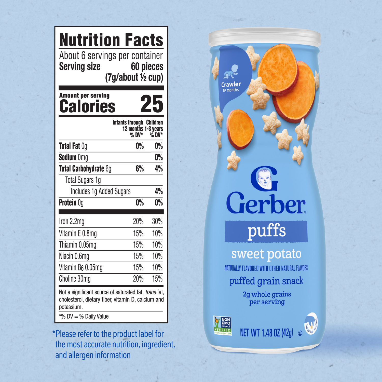 slide 5 of 8, Gerber Stage 3 Baby Snacks, Sweet Potato Puffs, Puffed Grain Snack, Baby Led Feeding, 1.48 oz