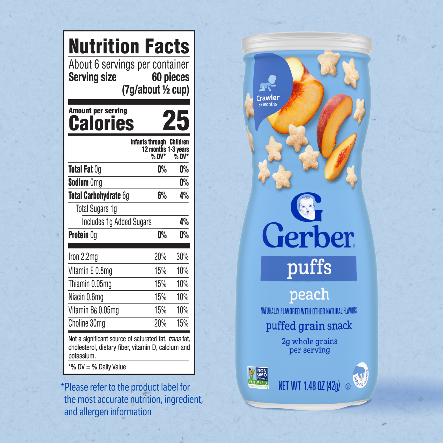 slide 5 of 8, Gerber Stage 3 Baby Snacks, Peach Puffs, Puffed Grain Snack, Baby Led Feeding, 1.48 oz