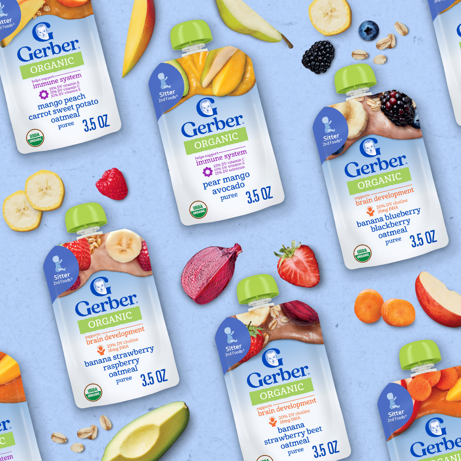 slide 2 of 8, Gerber Stage 2 Baby Food, Organic Banana Blueberry Blackberry Oatmeal, Baby Puree, 3.5 oz