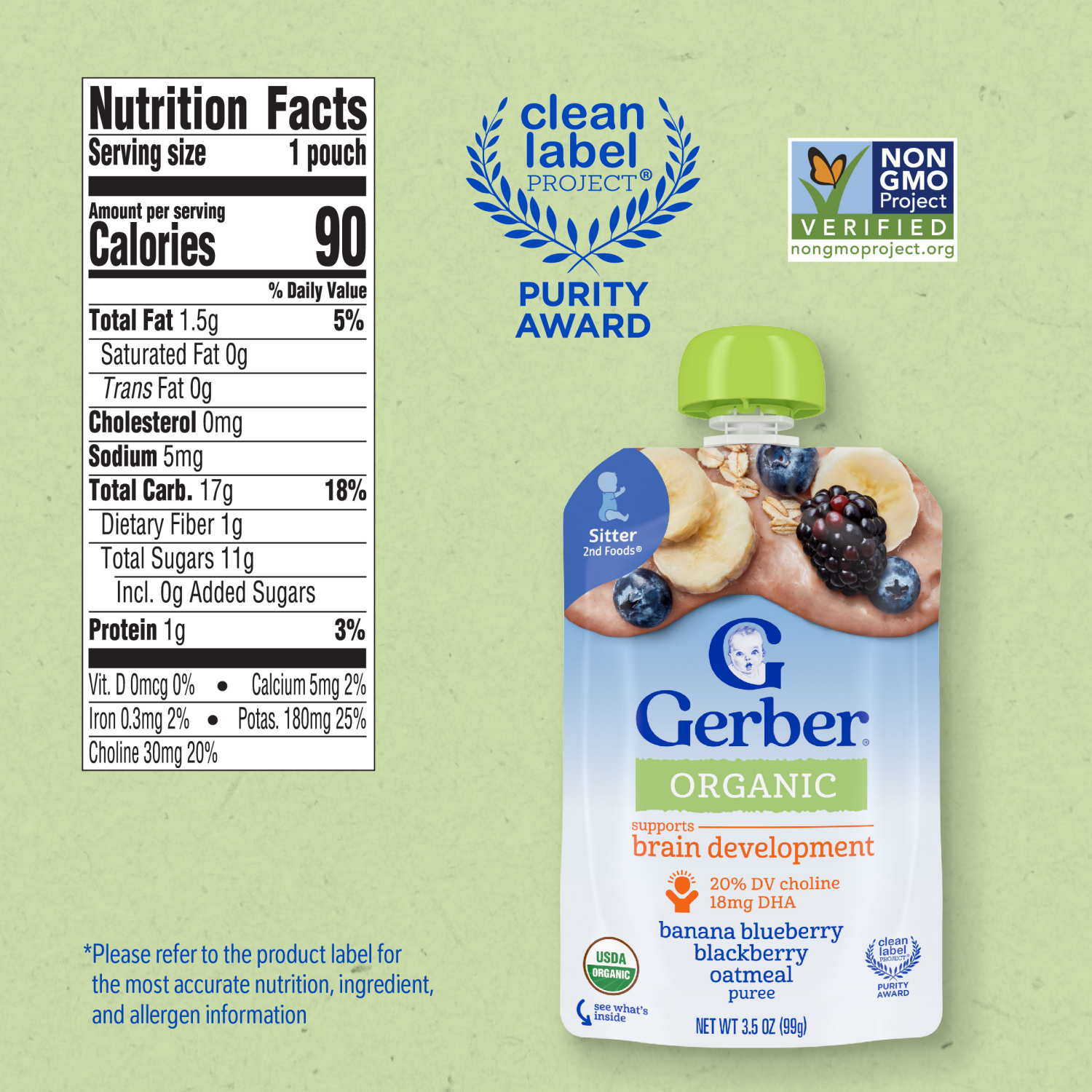 slide 5 of 8, Gerber Stage 2 Baby Food, Organic Banana Blueberry Blackberry Oatmeal, Baby Puree, 3.5 oz
