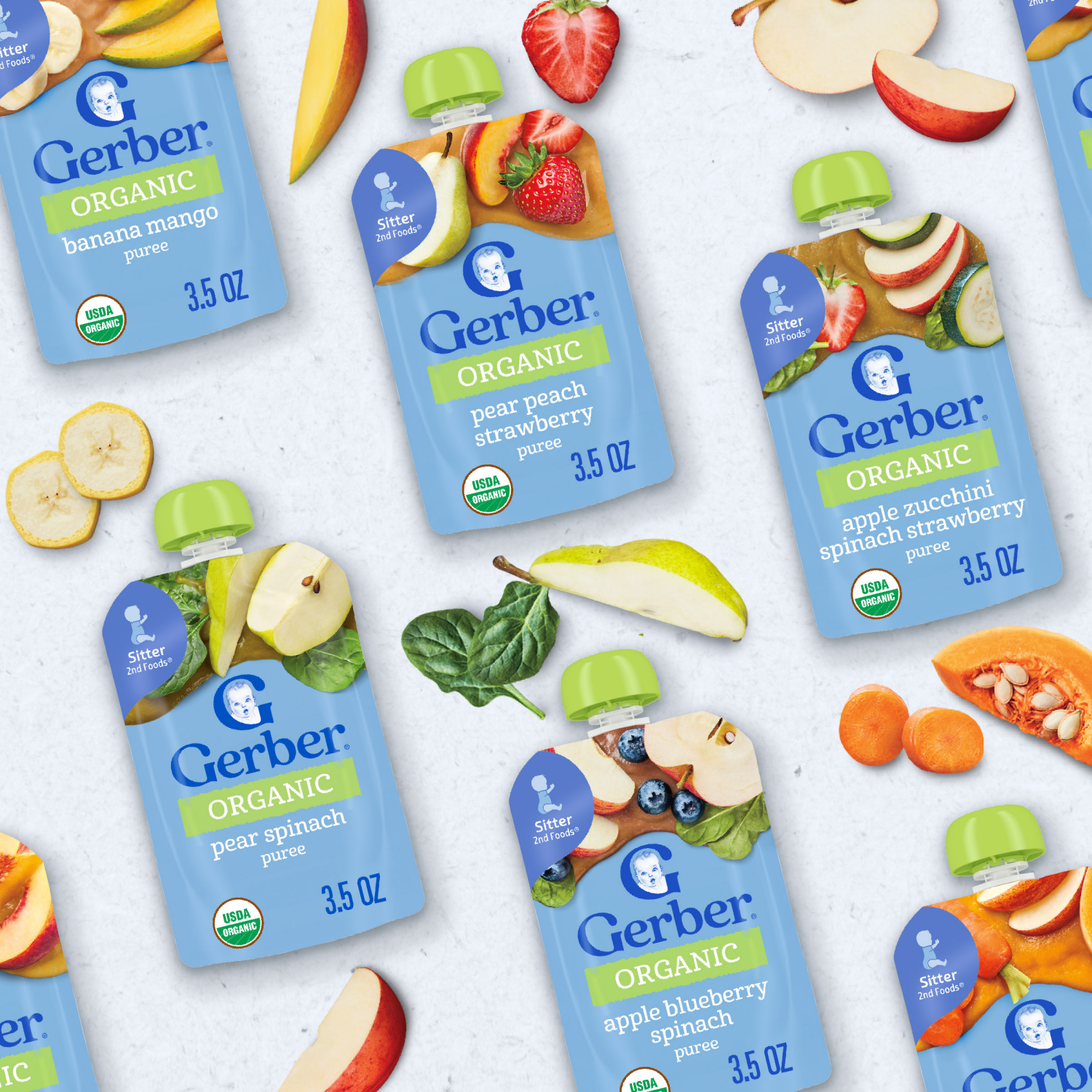 slide 2 of 8, Gerber Stage 2 Baby Food, Organic Pear Blueberry Apple Avocado Puree Pouch, 3.5 oz