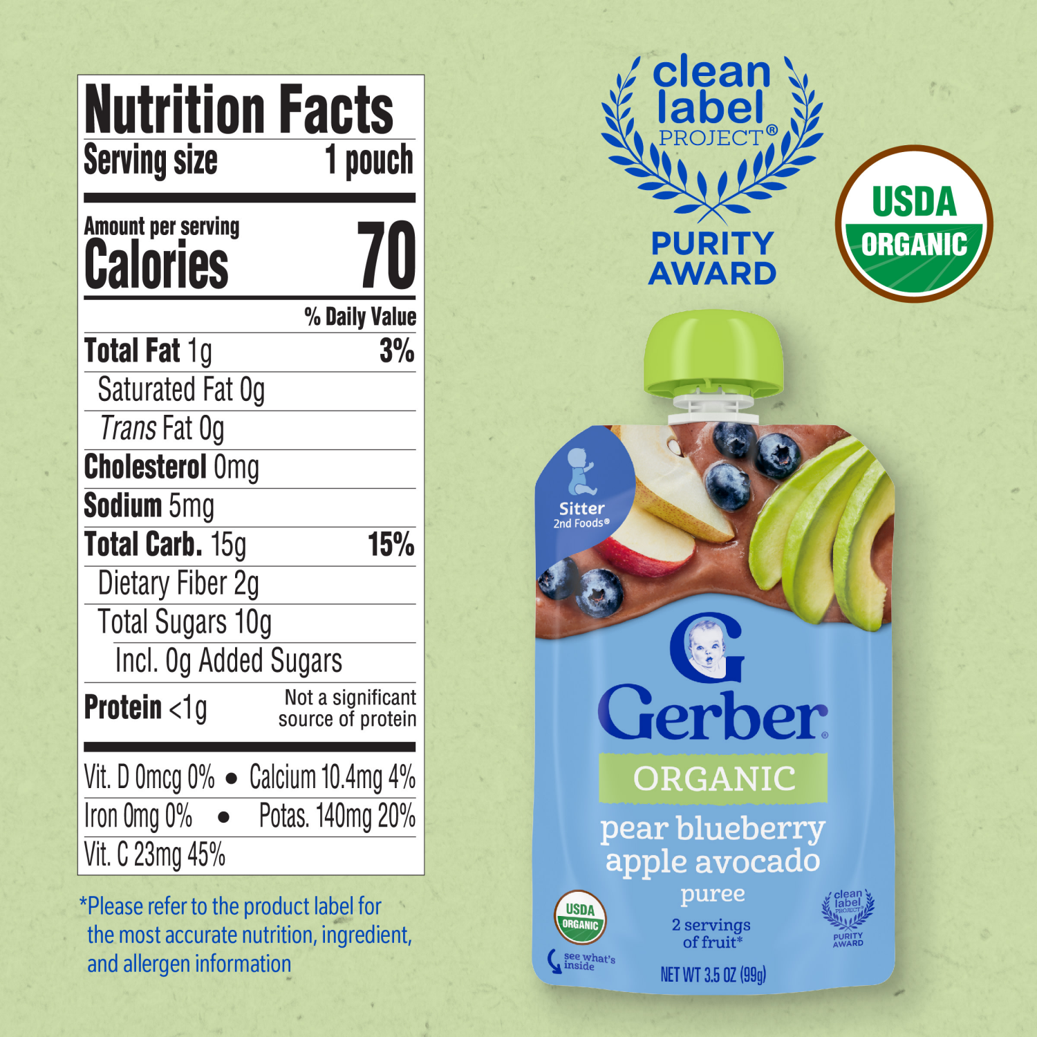 slide 5 of 8, Gerber Stage 2 Baby Food, Organic Pear Blueberry Apple Avocado Puree Pouch, 3.5 oz