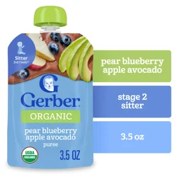 Gerber Stage 2 Baby Food, Organic Pear Blueberry Apple Avocado Puree Pouch