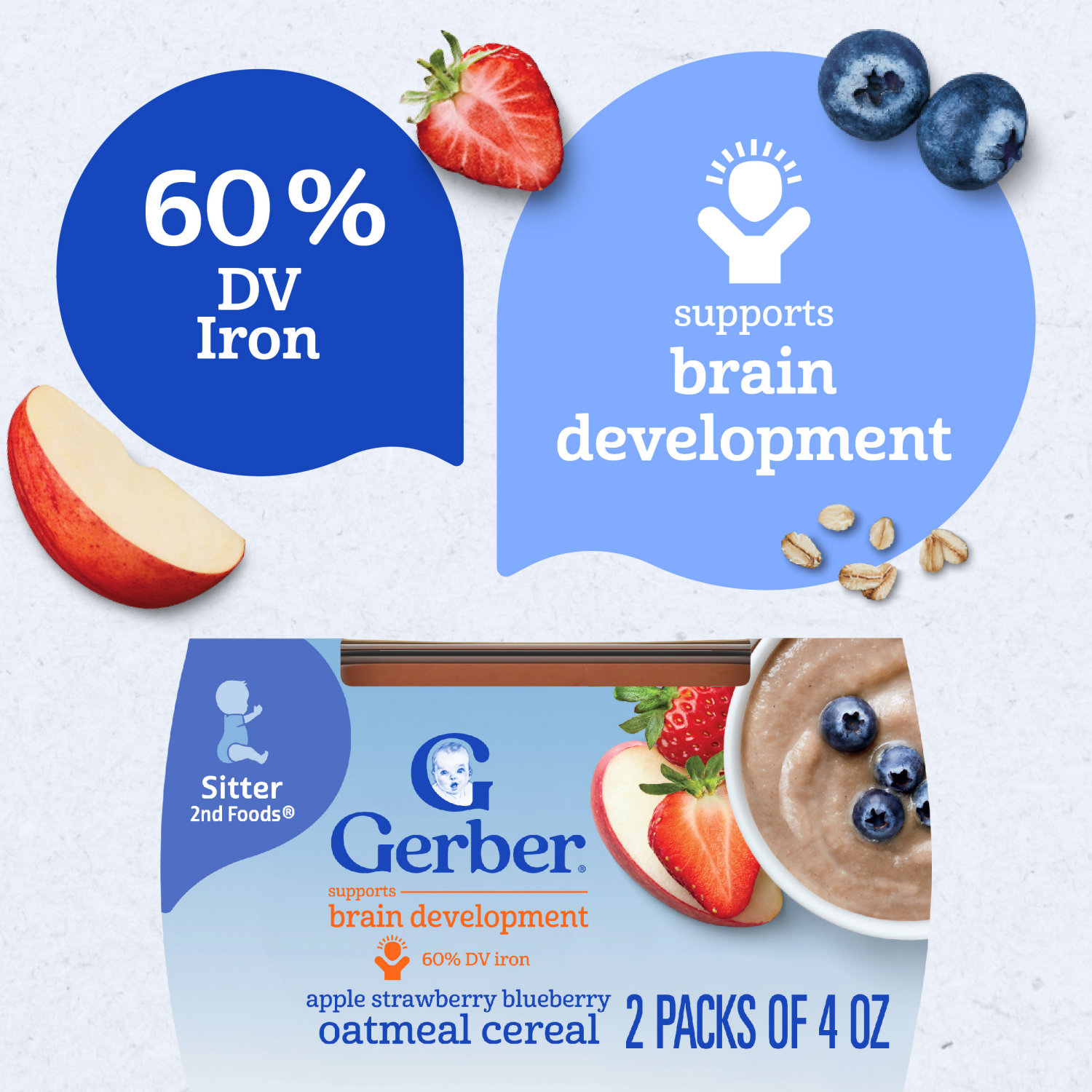 slide 7 of 8, Gerber Stage 2 Baby Food, Apple Strawberry Blueberry Oatmeal Cereal Tub, Baby Cereal, 2PK, 2 ct