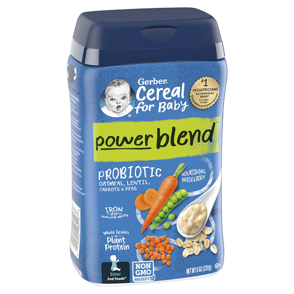 slide 16 of 21, Gerber PowerBlend Probiotic Cereal, Oatmeal/Lentil/Carrots/Peas, 8 oz