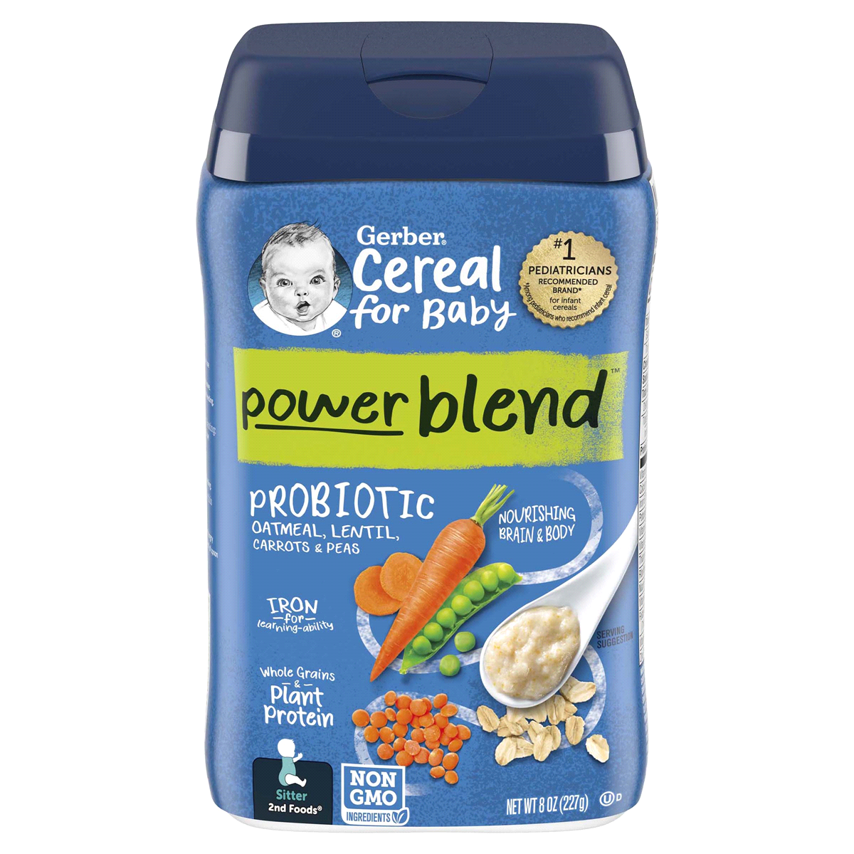 slide 1 of 21, Gerber PowerBlend Probiotic Cereal, Oatmeal/Lentil/Carrots/Peas, 8 oz