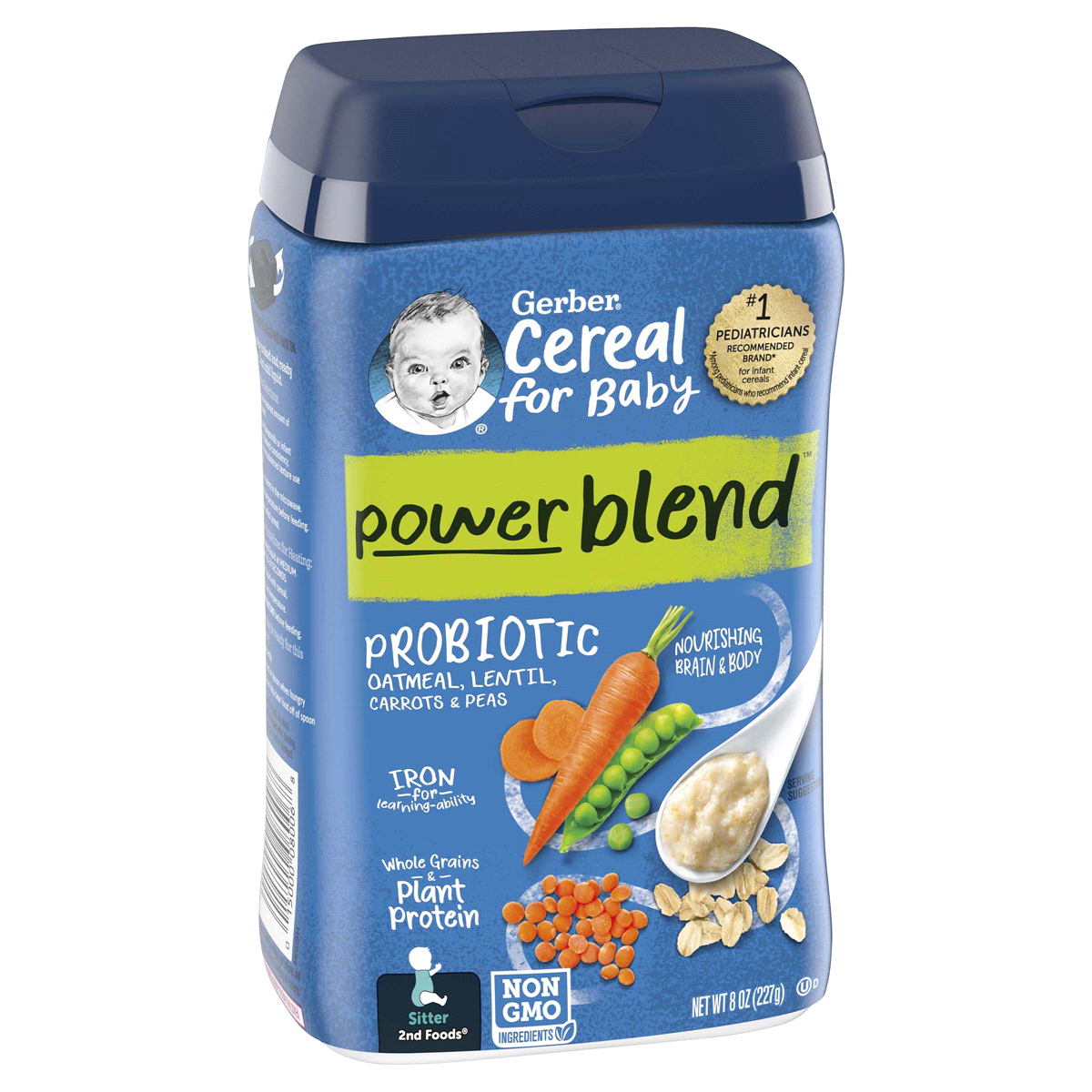 slide 9 of 21, Gerber PowerBlend Probiotic Cereal, Oatmeal/Lentil/Carrots/Peas, 8 oz